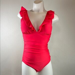 Red Ruffle V-Neck Flounce Monokini Swimsuit MEDIUM (unbranded)